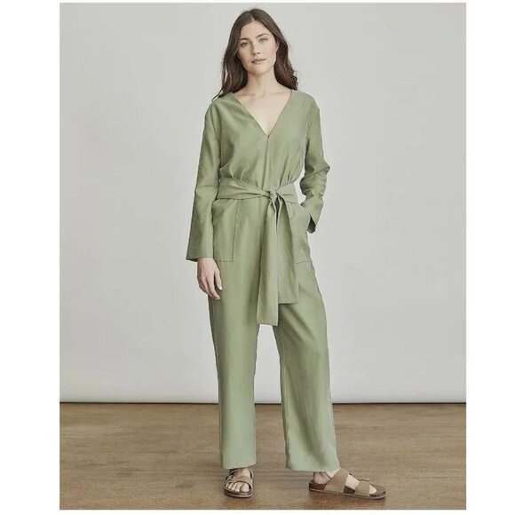 Elizabeth and James Pants - Elizabeth and James Olive Green V Neck Waist Tie Long Sleeve Jumpsuit P3016